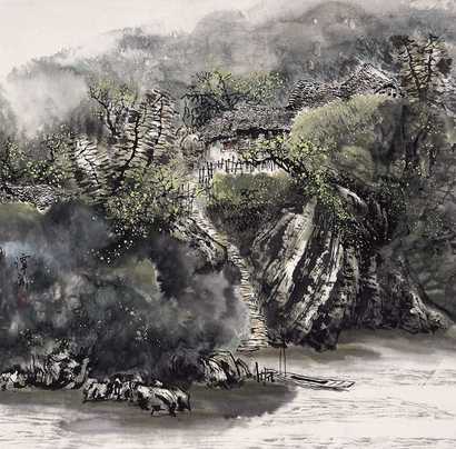 谭开 山水 镜心